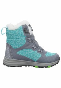 Botas grises con estampado de leopardo turquesa, cuello de piel sintética, cordones grises y una suela de goma texturizada con acentos verdes para tracción.