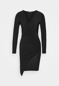 Černé šaty s dlouhými rukávy, s diagonálním spodním lemem a řasením v pase. Vyrobeno z hladké, elastické tkaniny.