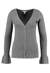 Grå ribbad stickad kofta med långa utsvängda ärmar, V-ringning och fem knappar framtill, märkt Anna Field i storlek S.