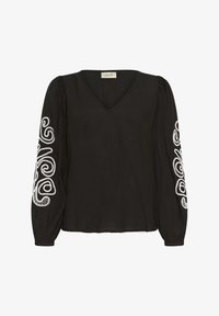 Blusa negra de manga larga con escote en V y patrones en espiral bordados en blanco en las mangas, puños fruncidos y corte relajado.