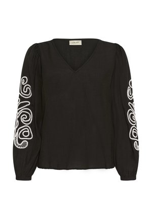 Schwarze Bluse mit langen Ärmeln, V-Ausschnitt und weißen gestickten wirbelnden Mustern auf den Ärmeln, mit gerafften Manschetten und lockerer Passform.