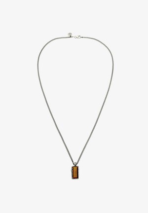 Silver chain necklace with a rectangular amber pendant framed in a decorative silver setting and a lobster clasp closure.
