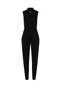 Černý overal bez rukávů s překládaným designem, výstřihem do V, vázaným pasem a zúženými nohavicemi. Vyroben z hladké látky, s postranními kapsami.