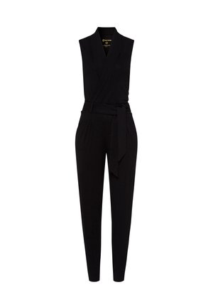 Jumpsuit nero senza maniche con design avvolgente, scollatura a V, vita con fiocco e gambe affusolate. Realizzato in tessuto morbido, con tasche laterali.