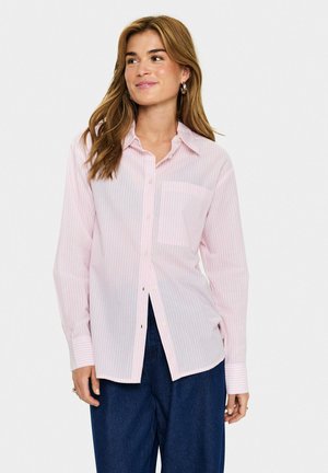 Long-sleeve button-up shirt in light pink with vertical white stripes, featuring a collar and a chest pocket. Cotton blend fabric.