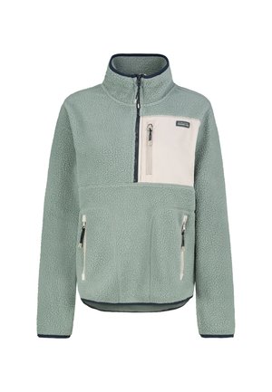 Fleece-Pullover in Hellgrün mit hohem Kragen, Reißverschlusstasche auf der Brust und zwei Fronttaschen. Mit kontrastierenden Stoffakzenten.