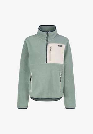 Fleece-Pullover in Hellgrün mit hohem Kragen, Reißverschlusstasche auf der Brust und zwei Fronttaschen. Mit kontrastierenden Stoffakzenten.