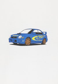 Auto da rally Subaru WRX STI blu con logo a stella gialla, cerchi dorati, presa d'aria sul cofano e alettone posteriore rivolto verso destra su sfondo bianco.