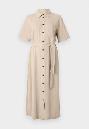 Abito midi beige con bottoni, maniche corte, colletto, taschino sul petto e una cintura in tessuto abbinato. Texture liscia simile al cotone.