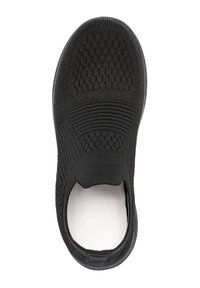 Schwarzer, gewebter Slipper mit strukturiertem Obermaterial, elastischem Knöchel und weißer Innensohle. Glatte Gummi-Außensohle und leichtes Design.