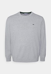 Pull gris en tricot à col rond avec manches longues. Présente un petit logo Lacoste vert sur la poitrine ainsi que des poignets et un ourlet côtelés.