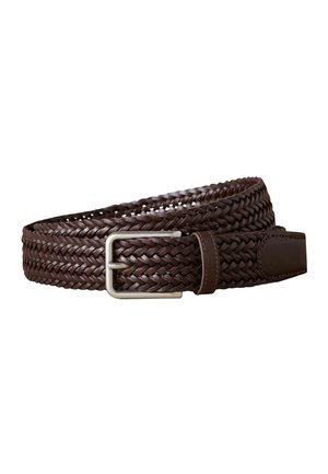 Cintura in pelle intrecciata marrone con fibbia in metallo argentato; presenta un motivo intrecciato e una superficie liscia; include un cinturino in pelle per la chiusura.