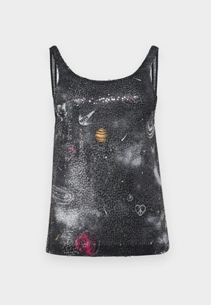 Črna brezrokavna majica z motivom vesolja, ki vključuje planete in zvezde, poudarjena z bleščečo teksturo iz bleščic.