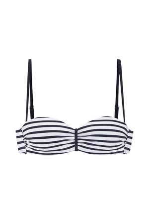 Bikini-Oberteil in marineblauen und weißen Streifen, strukturierter Schnitt mit einem Knoten in der Mitte, verstellbaren Trägern und einem sicheren Verschluss.