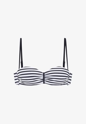 Bikini tops ar jūras zilām un baltām svītrām, strukturēta dizaina ar savītas mezglu centrā, ar regulējamiem siksnām un drošu aizdari.