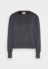 Donkergrijze pullover sweatshirt met een V-hals, lange mouwen, geribbelde boorden en een relaxte pasvorm. Gemaakt van zachte, gestructureerde stof.