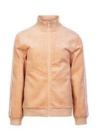 Giacca in corduroy pesche con colletto alto, zip frontale e dettagli a strisce bianche sulle maniche; presenta polsini e orlo a coste.