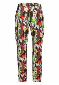 Farverige bukser med blomstermønster og tapered design. Har livlige nuancer af pink, orange, grøn og brun på en lys baggrund.