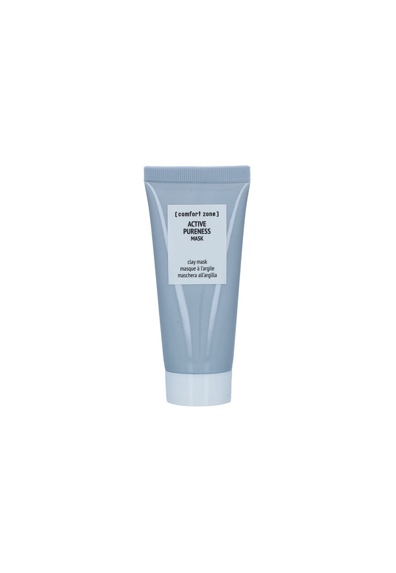 Gray plastic tube with a white screw cap, labeled "ACTIVE PURENESS MASK." Contains a clay mask; minimalist design and clear text.