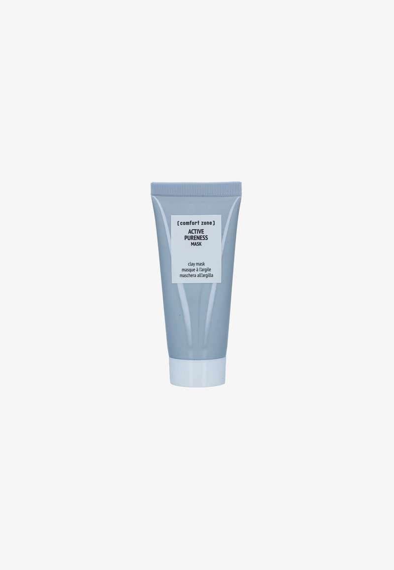 Gray plastic tube with a white screw cap, labeled "ACTIVE PURENESS MASK." Contains a clay mask; minimalist design and clear text.