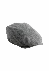 Szary wełniany kapelusz typu flat cap z zaokrągloną chmurą i przeszywanym rondem, o teksturowanej tkaninie i subtelnym wzorze w jodełkę.