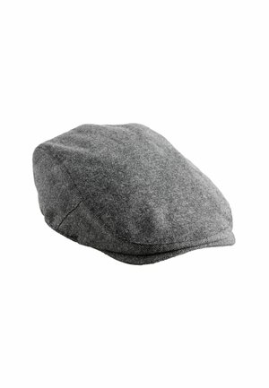 Gray wool blend flat cap featuring a rounded crown and stitched brim, with a textured fabric and subtle herringbone pattern.