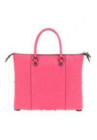 Borsa a tote rosa in pelle con doppio manico, chiusura con zip e dettagli neri. Presenta un design minimalista e una texture liscia.