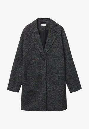 Černobílý kabát se vzorem cik-cak, se zářezovým límcem, zapínáním na jeden knoflík a dvěma předními kapsami. Má volný střih a texturovanou látku.