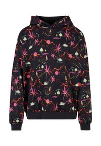 Black hoodie featuring a colorful tropical pattern with palm trees, suns, and boats. Made of soft fabric, with a kangaroo pocket and a drawstring hood.