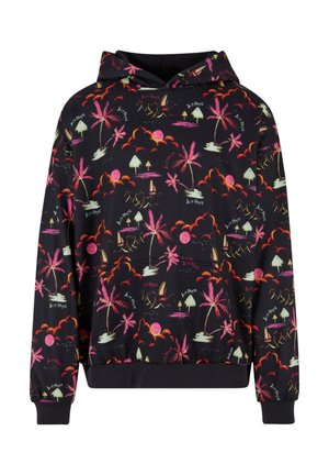 Black hoodie featuring a colorful tropical pattern with palm trees, suns, and boats. Made of soft fabric, with a kangaroo pocket and a drawstring hood.