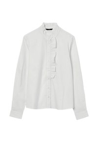 Camicia bianca a maniche lunghe con colletto arricciato e patta frontale. Realizzata in tessuto morbido con piccoli bottoni trasparenti e vestibilità strutturata.