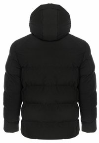 Sort pufferjakke med hætte, der har en quiltet design, glat overflade og elastiske manchetter. Bagfra ses ingen synlig branding eller detaljer.