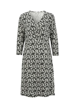 Mustat polvipituiset mekko valkoisella pienellä kukkakuviolla, V-kaula-aukolla ja kolmeossa-säkeillä.