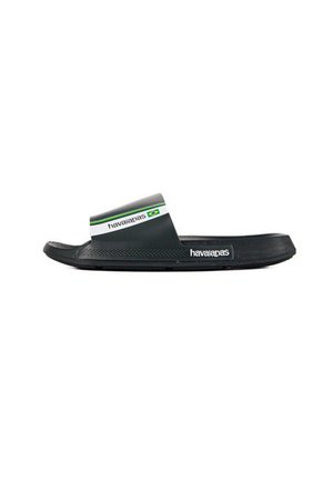 Czarna klapka Havaianas z szerokim paskiem w zielono-biało-niebieskie paski oraz małym logo brazylijskiej flagi.