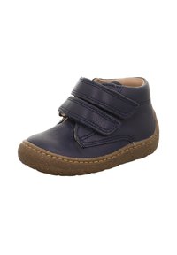 Marineblaue Lederstiefel für Kleinkinder mit zwei verstellbaren Klettverschlüssen, runder Zehenform und strukturiertem Gummisohle mit braunen Akzenten.