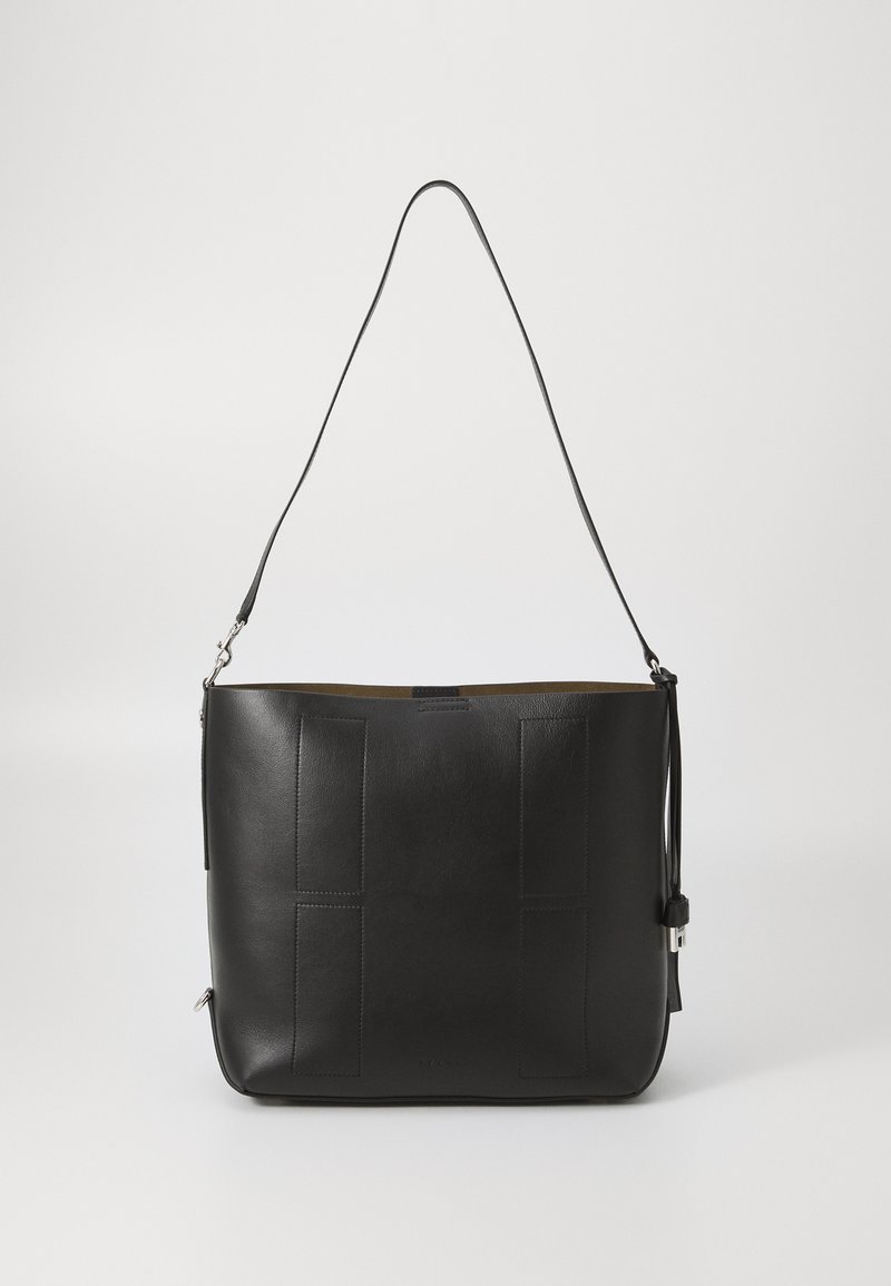 Black leather shoulder bag with a smooth texture, rectangular shape, front panel details, and an adjustable strap. Zipper closure at the top.