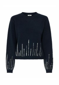 Marineblauwe trui van zacht gebreid materiaal, met pailletten vertikale strepen langs de onderste zoom en mouwen voor extra textuur en detail.