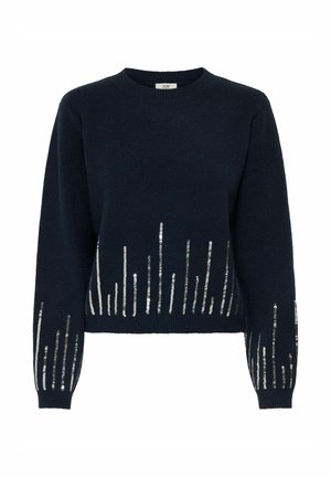 Maglione blu navy realizzato in morbido tessuto a maglia, con strisce verticali di paillettes lungo l'orlo inferiore e le maniche per un tocco di texture e dettaglio.