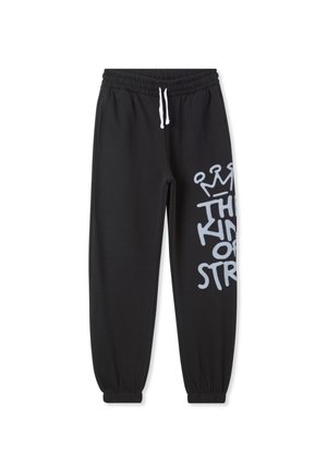 Pantaloni sportivi neri con vita elastica e coulisse, caratterizzati da una grande stampa grafica grigia sui lati. Polsini alle caviglie.