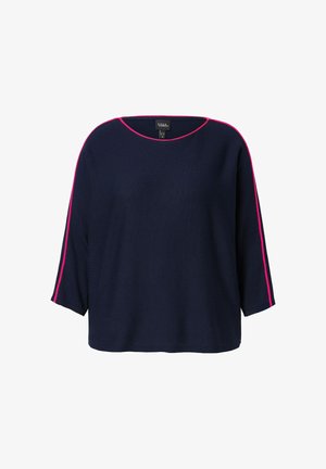 Granatowy sweter z długim rękawem z jasnoróżowymi wykończeniami wzdłuż dekoltu i krawędzi rękawów, luźny krój, okrągły dekolt.