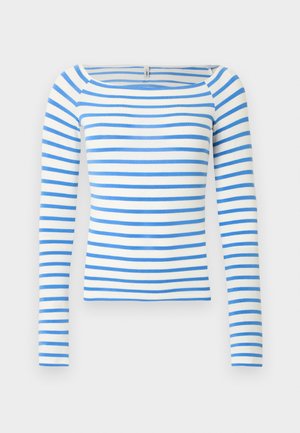 Bluză cu mâneci lungi și decolteu barcă, cu dungi orizontale albastre și albe. Confecționată dintr-un material moale, cu croială ajustată.