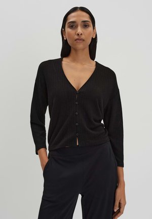 Cardigan nero a costine con scollo a V profondo, chiusura a bottoni e maniche a tre quarti. Il tessuto sembra morbido e leggero.