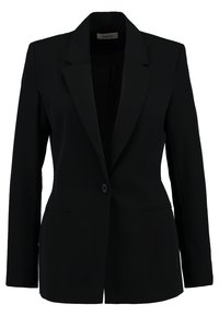 Sort blazer med en enkelt knap, spidse klapper og to forlommer. Fremstillet af glat stof, skræddersyet pasform med lange ærmer.