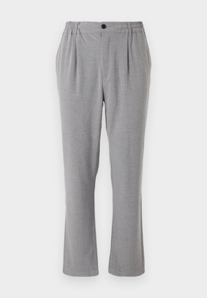 Gray trousers with a textured fabric, featuring a button closure and elasticized waist. Straight-leg design with side folds.
