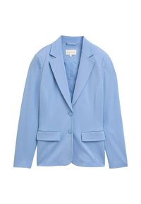 Lichtblauwe op maat gemaakte blazer van textuurstof, met een gekartelde revers, twee voorzakken en twee knopen aan de voorkant.