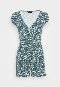 Grüner kurzer Jumpsuit mit weißem Blumenmuster, V-Ausschnitt und kurzen Ärmeln. Hergestellt aus weichem Stoff, hat eine taillierte Taille und lockere Shorts.