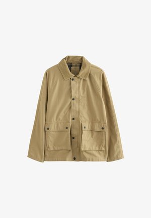 Khaki jacket with a spread collar, snap buttons, two large front pockets, and a smooth texture. Features raglan sleeves and a simple design.