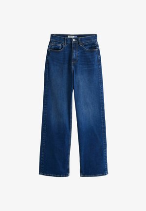 Siniset leveälahkeiset farkut, joissa on edessä nappi ja vetoketju, etu- ja takataskut sekä vyölenkit.