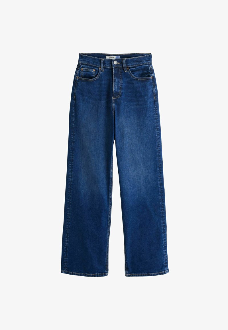 Modré džínsové nohavice s širokými nohavicami, so zapínaním na predné gombíky a zips, so zadnými a prednými vreckami a pútkami na opasok.