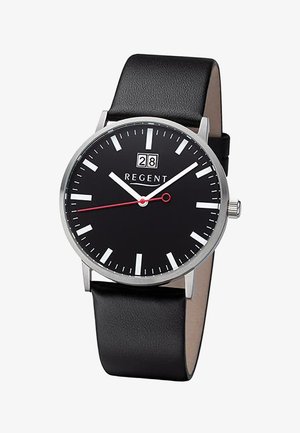 Black analog wristwatch with white hour markers, silver case, red second hand, date window showing "28," and black leather strap.